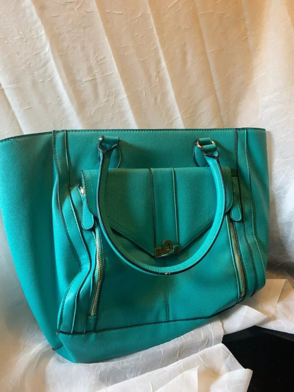 Turquoise Large Tote Shoulder Bag | Faux Leather Work Purse with Front Pocket